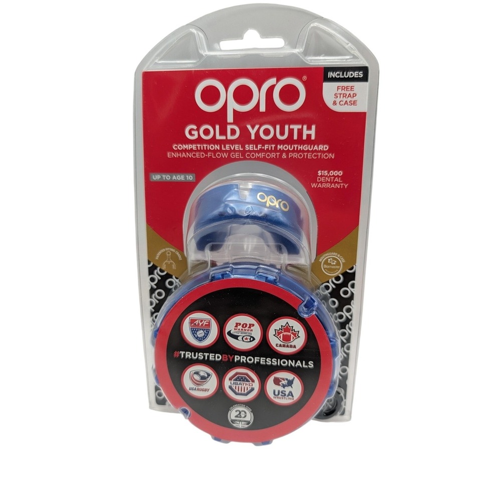 OPRO Gold Youth Mouthguard Kids S Blue W/ Case Strap Rugby Hockey Boxing UK